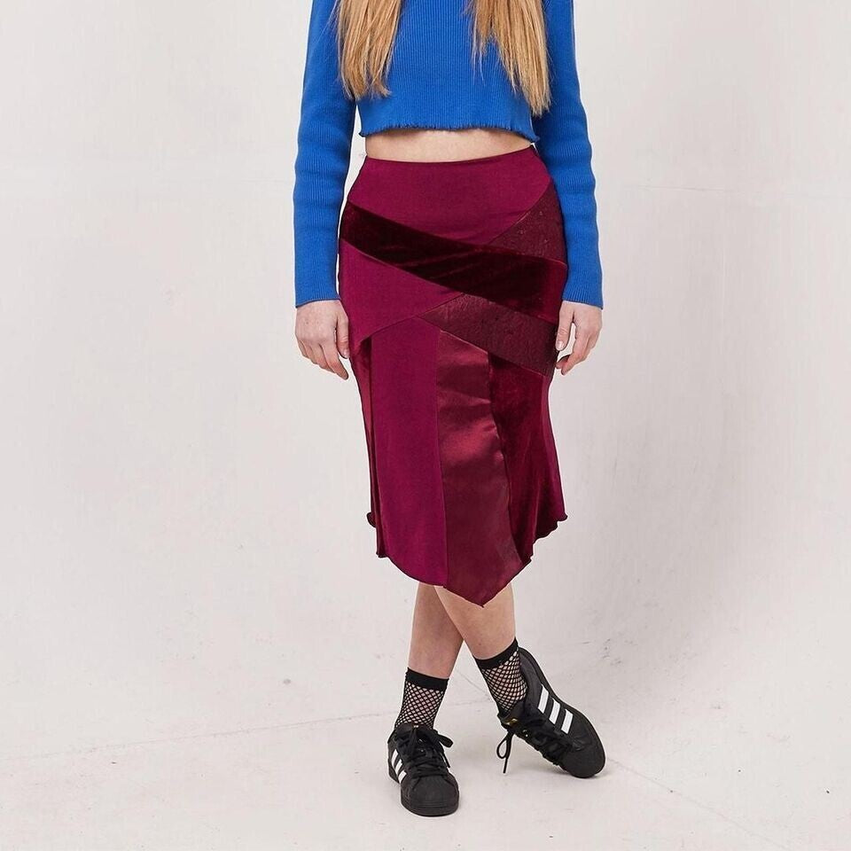 Bay Vintage 90's Maroon Patchwork A-Line Midi Skirt Womens UK 8 W26