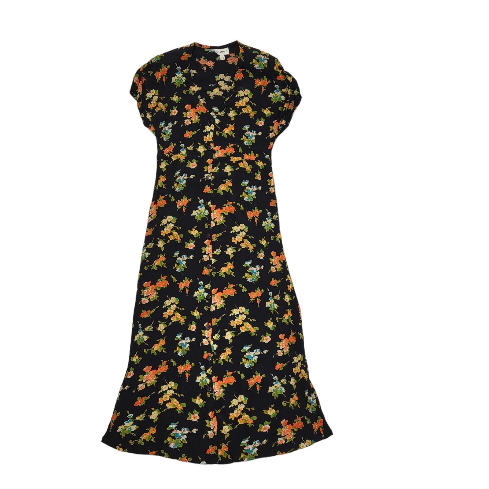 Tilber Vintage 80s Black Pink Floral Daywear Dress Uk Women's Size 16