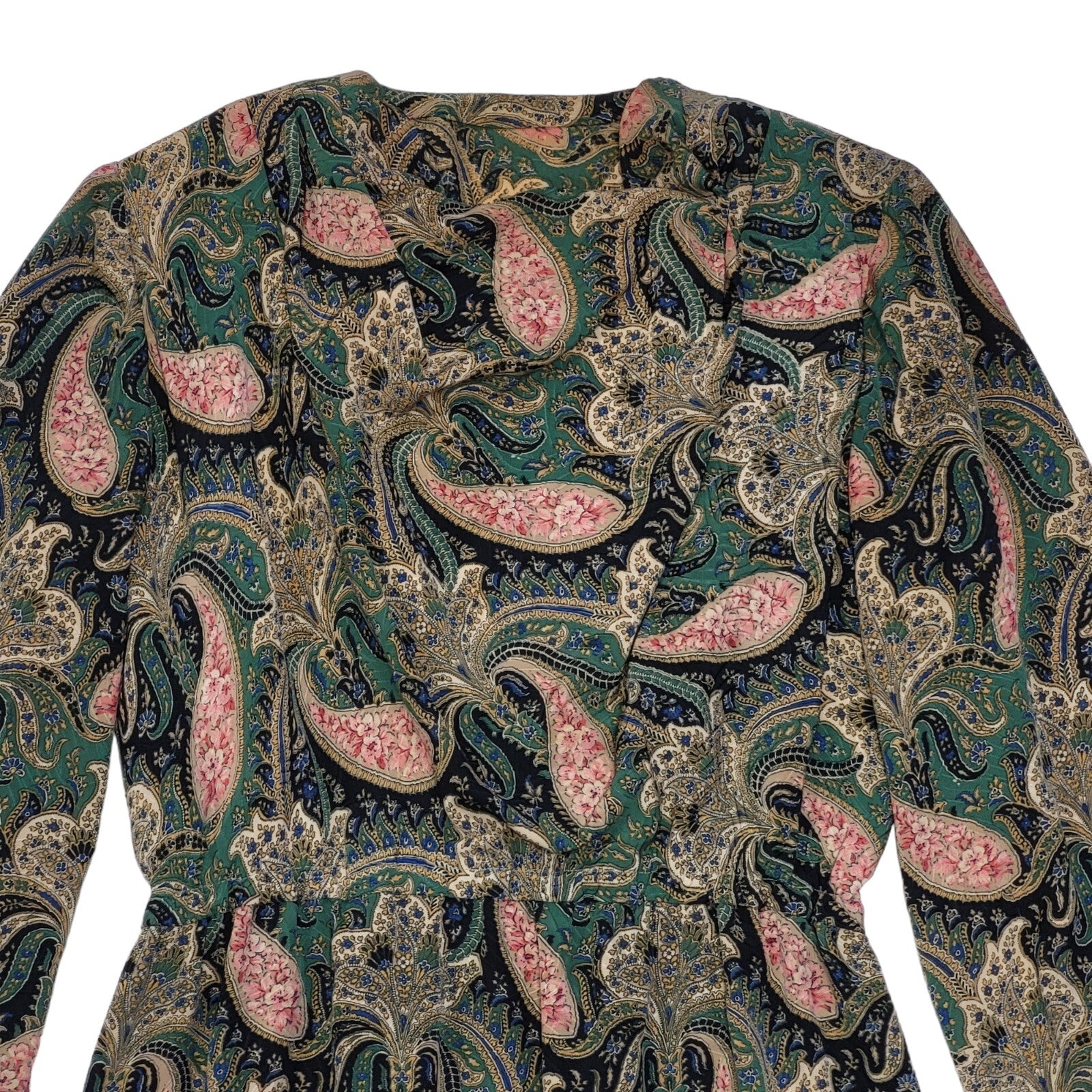 80s Vintage Green Paisley Print Long Sleeve Daywear Dress Women's 12