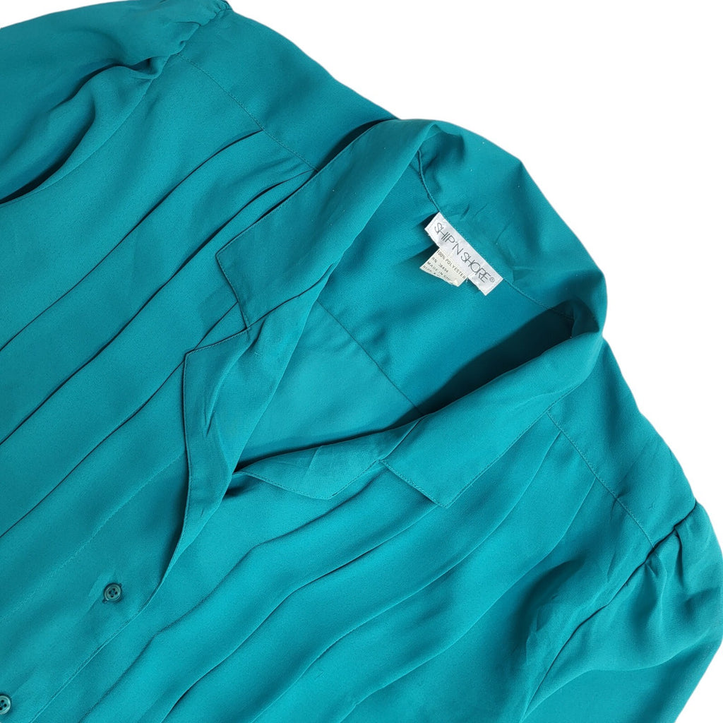 Ship & Shore Teal 90's Long Sleeve Pleated Shirt Women's UK Size 12