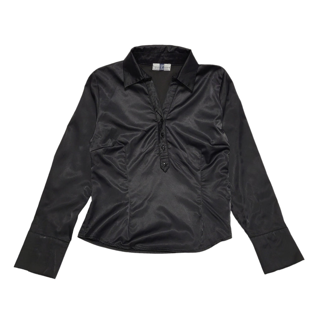 LAS Black Satin Vintage 90's 1/2 Button Collared Blouse Womens UK 10
