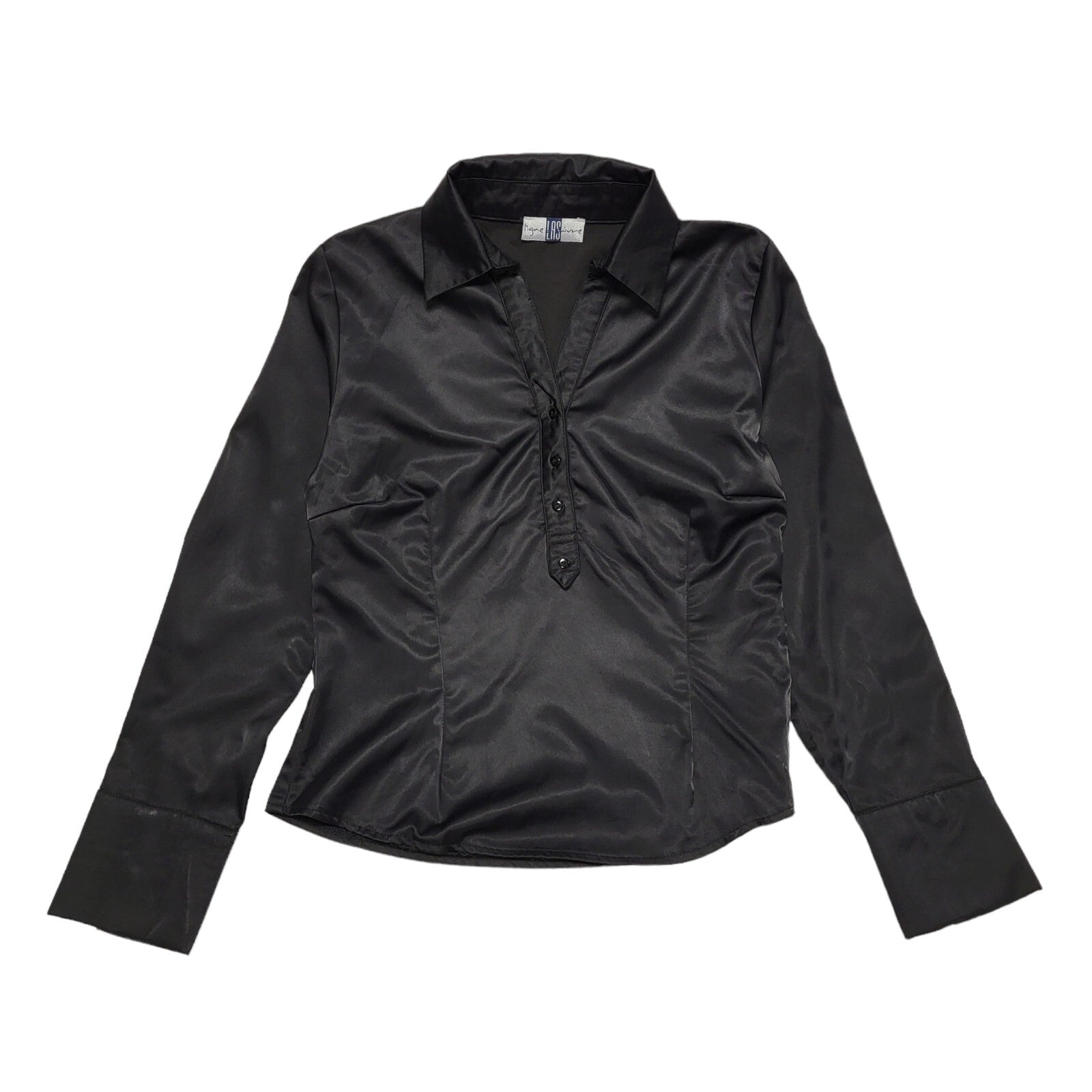 LAS Black Satin Vintage 90's 1/2 Button Collared Blouse Womens UK 10