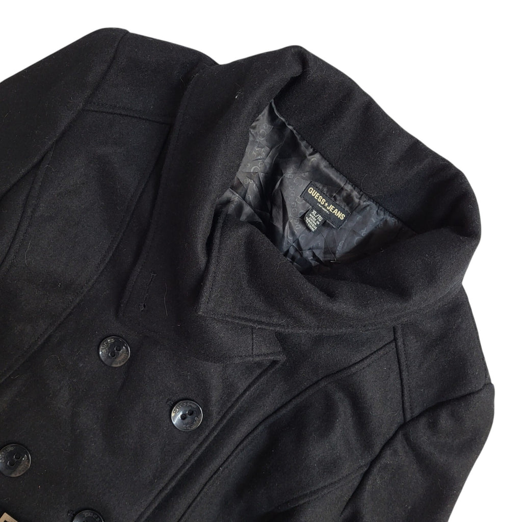 Guess Jeans Black Button Front Belted Coat 90s UK Women's Size XL