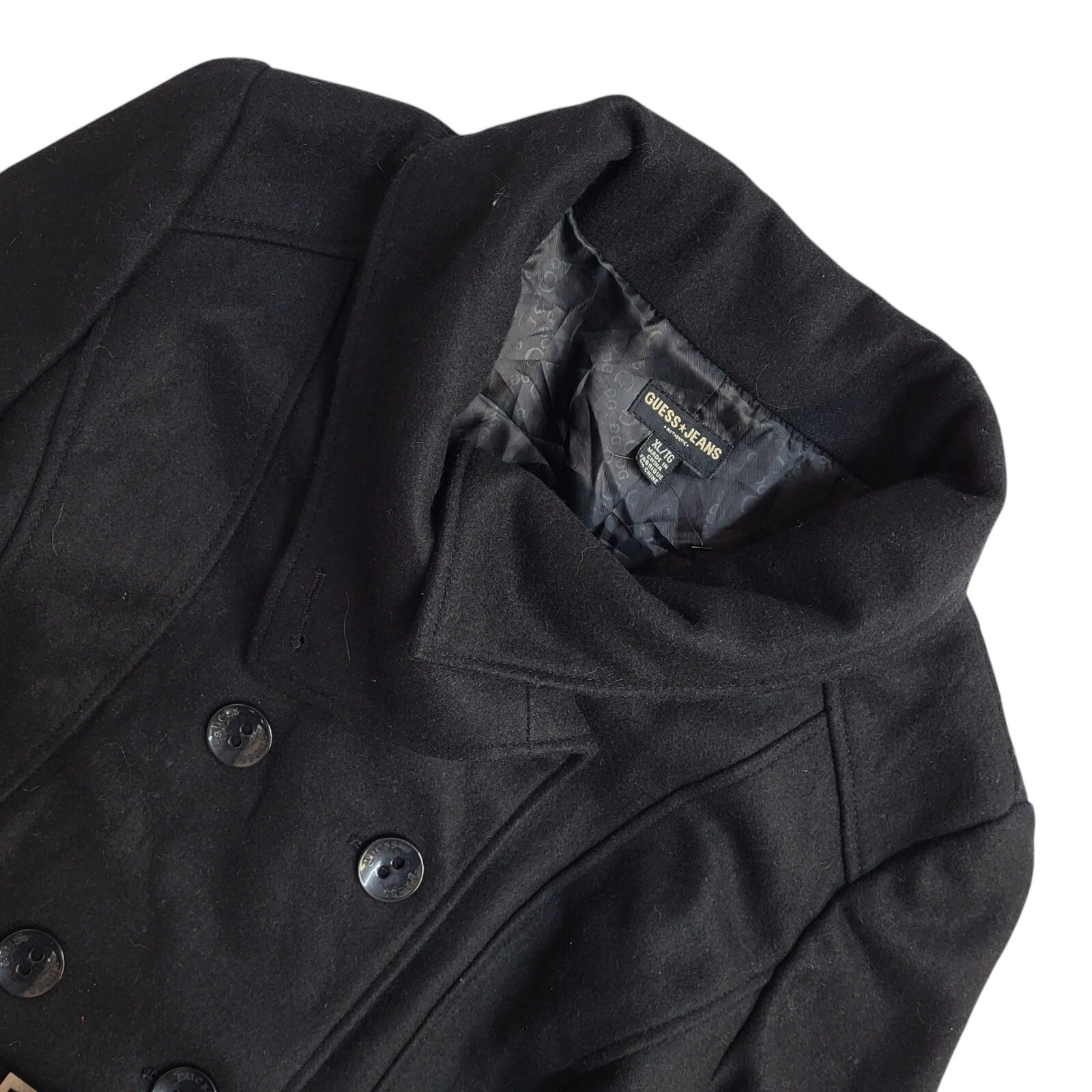 Guess Jeans Black Button Front Belted Coat 90s UK Women's Size XL