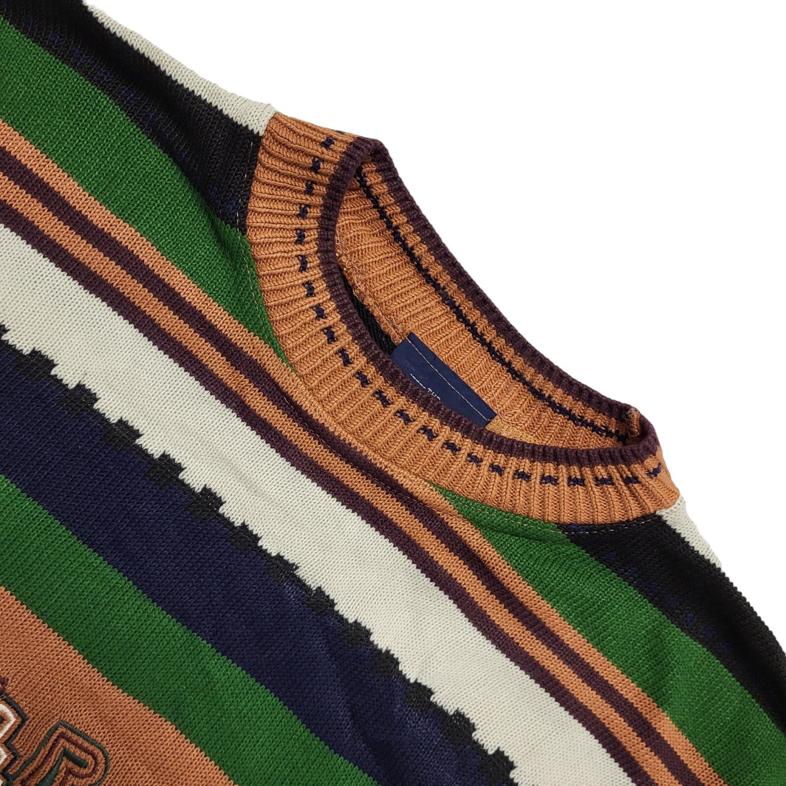Sweater Shop 80s Coogi Vintage Green Brown Striped Jumper Uk Women's Size XL