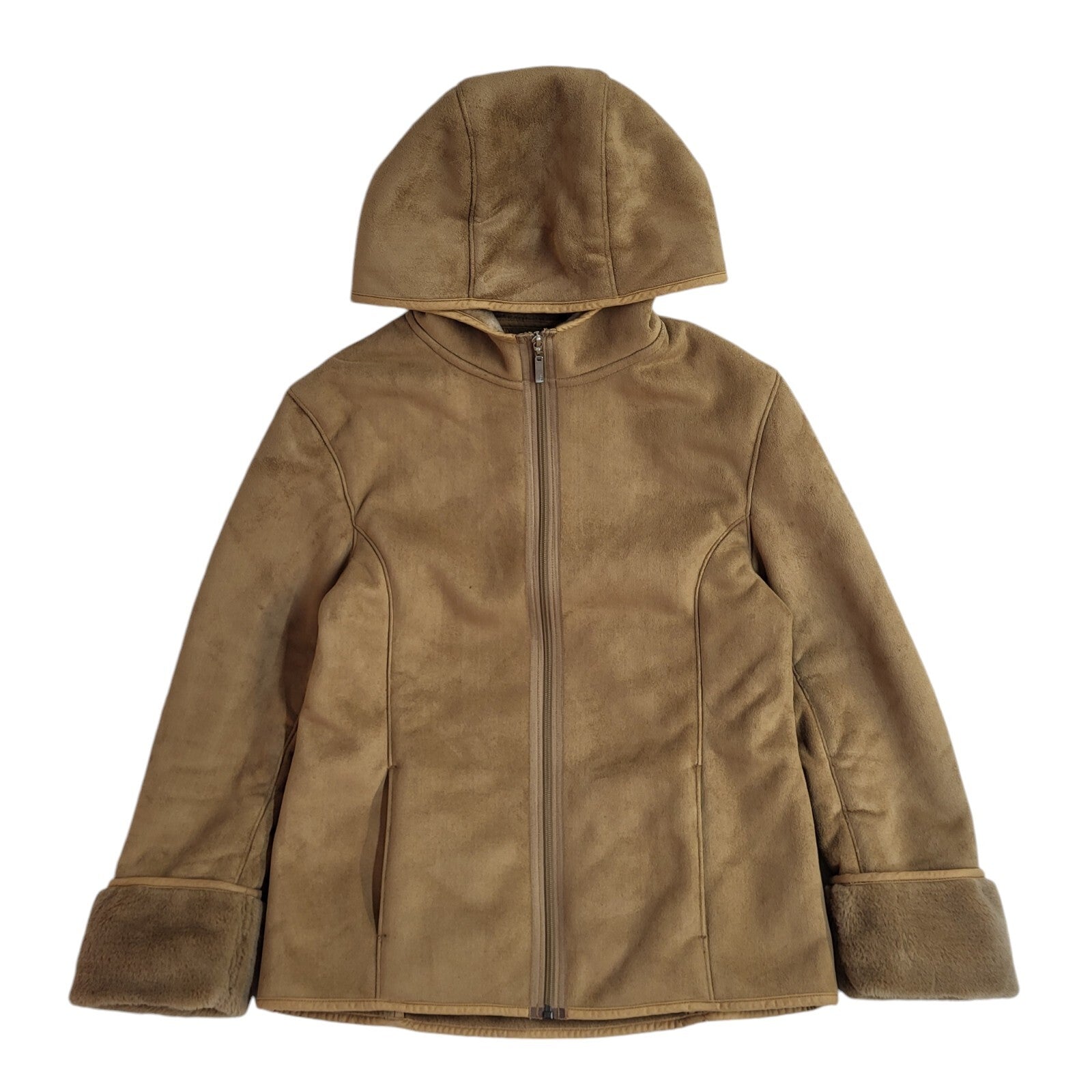 Next Y2K Brown Hooded Suede Faux Fur Lined Jacket UK Women's Size 12