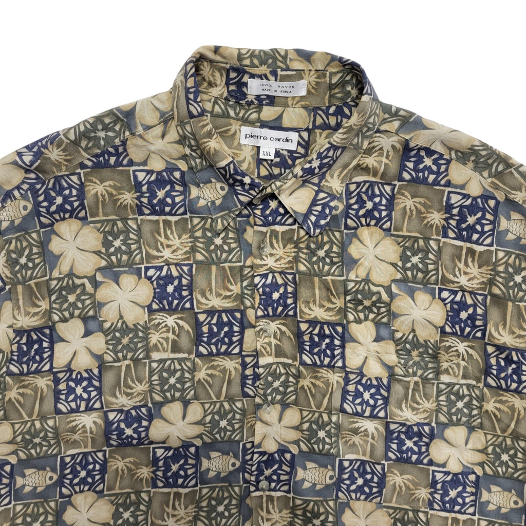 Pierre Cardin 90's Blue & Brown Short Sleeve Retro Shirt Mens UK Size XXL