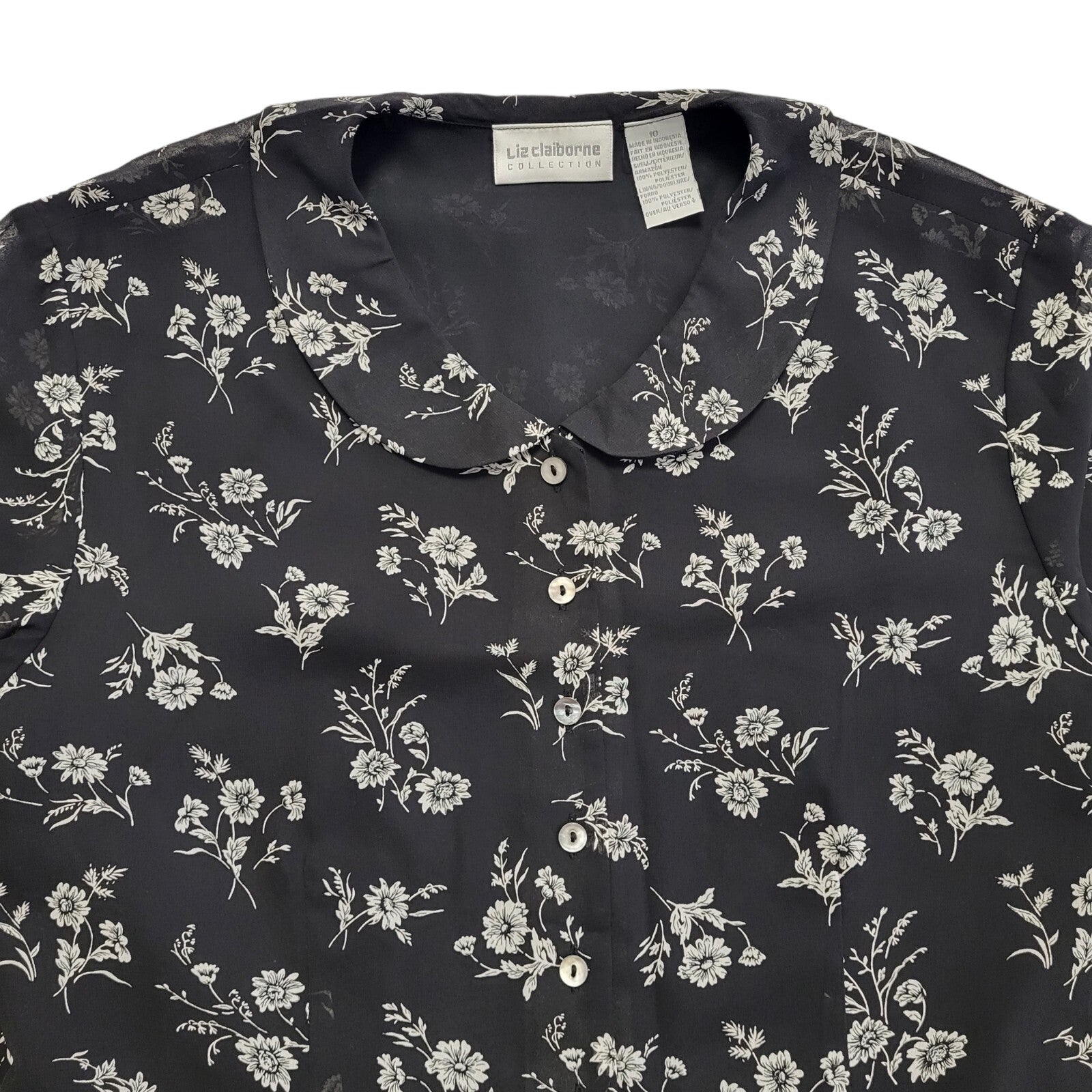 Liz Claiborne Vintage 90's Black & White Floral Blouse Womens UK Size 10