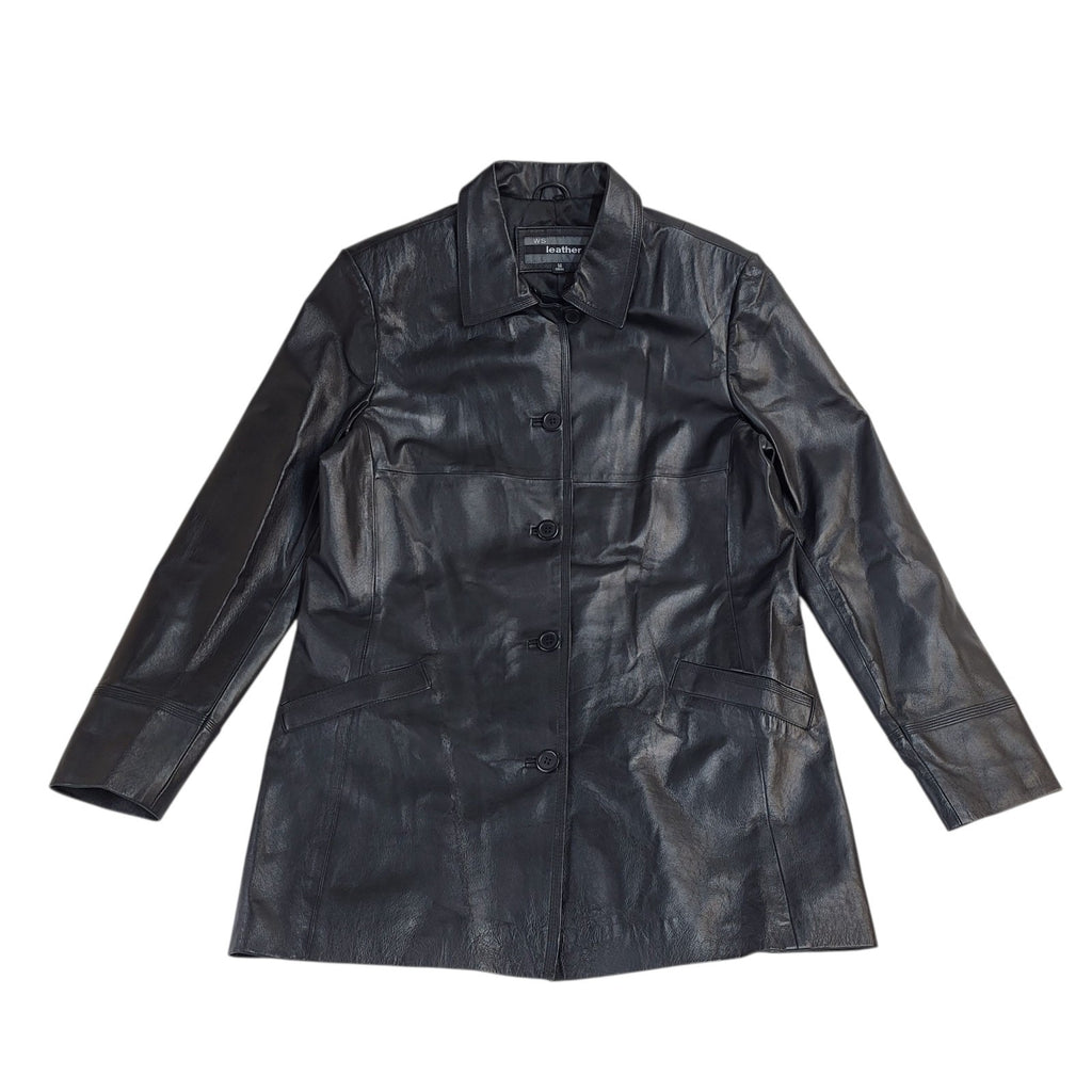 WS Leather Black Button Y2k Leather Coat UK Women's Size XL