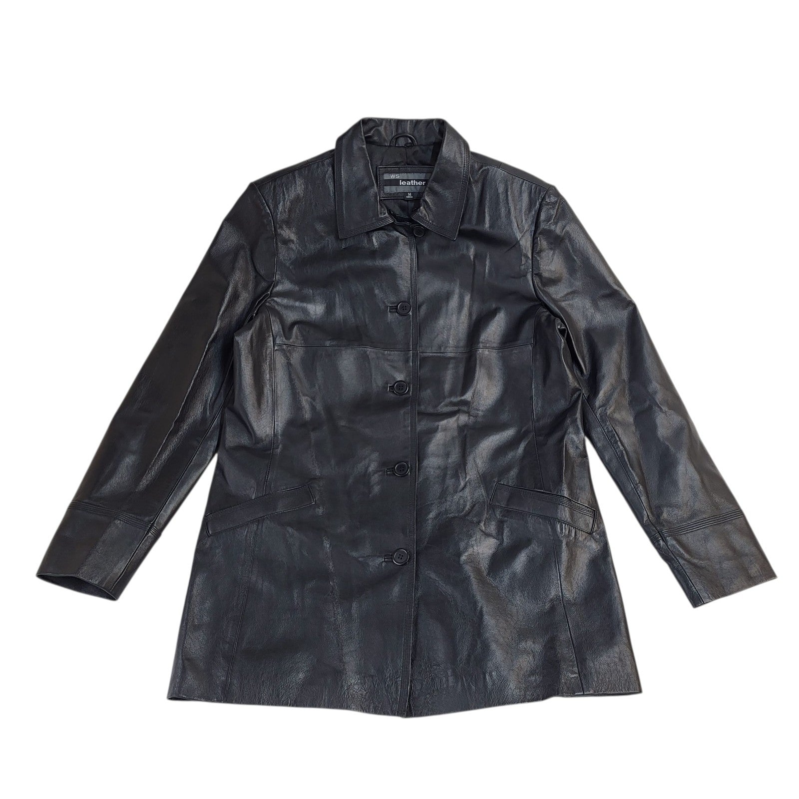WS Leather Black Button Y2k Leather Coat UK Women's Size XL