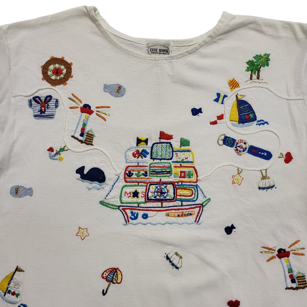 Cuse Berry Sailing Theme Vintage White T-Shirt Womens UK M