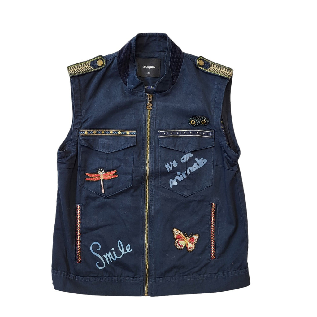 Desigual Y2K Navy Blue Sleeveless Zip Up Gilet Women's Size 12