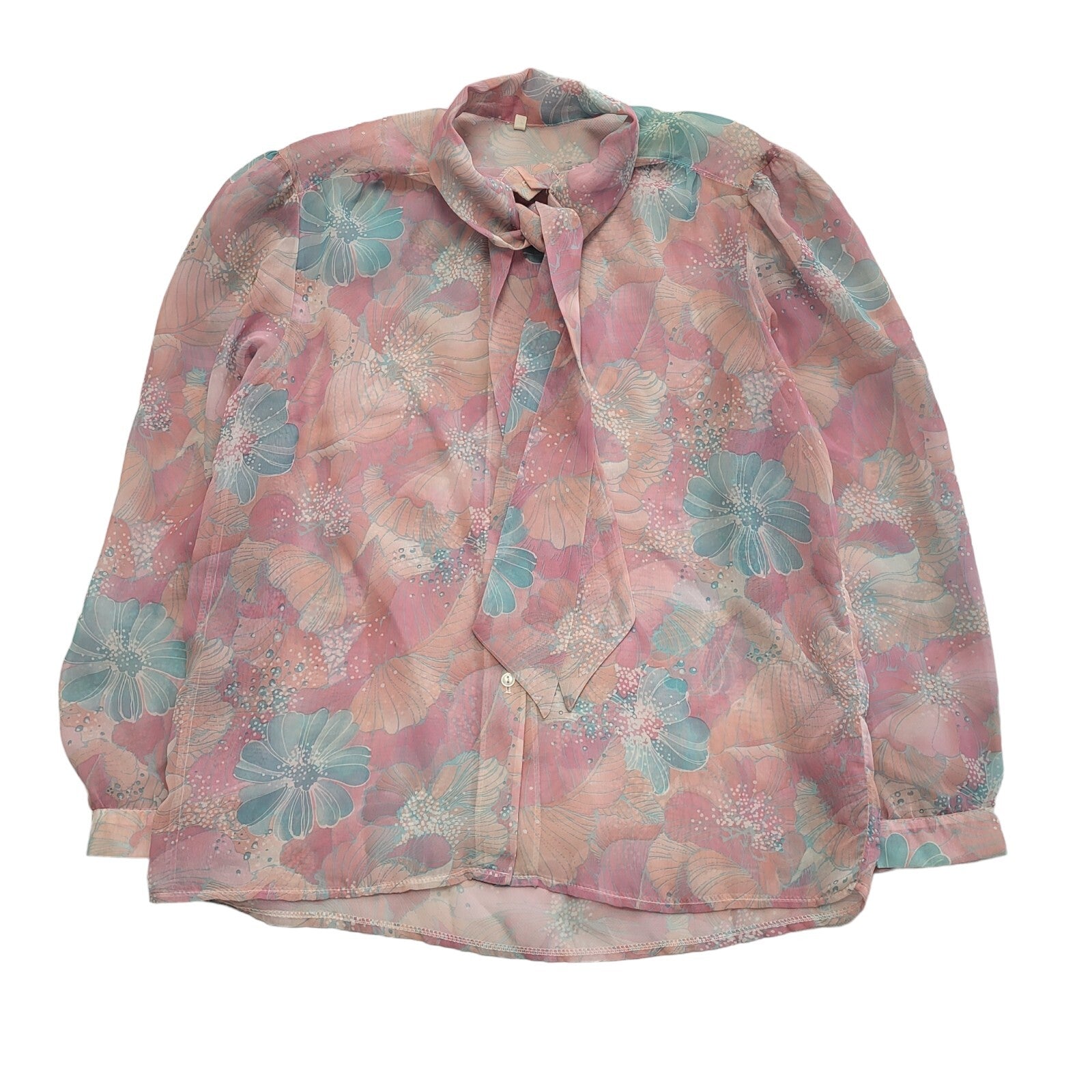Vintage 70s Pink Blue Floral Long Sleeve Blouse Uk Women's Size 16