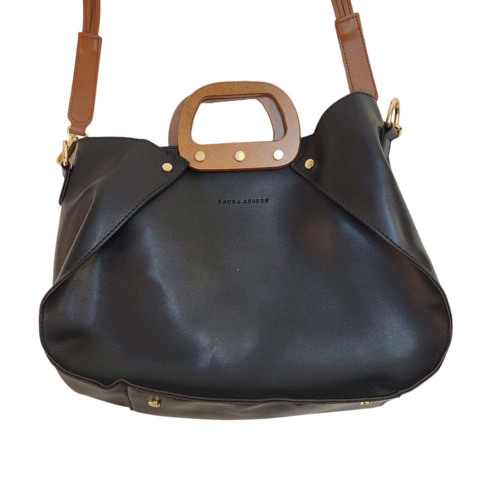 Laura Ashley Black  Leather Zipped Shoulder Bag Uk Women's Size 10" x 13"