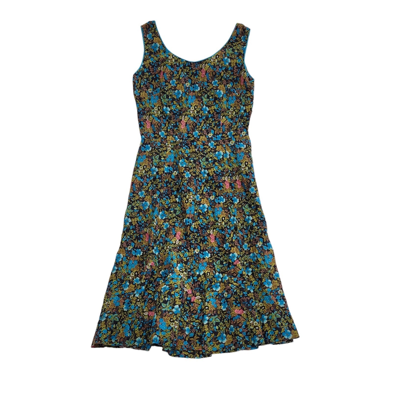 Vintage 80s Green & Blue Floral Sleeveless Daywear Dress Uk Women's Size 10