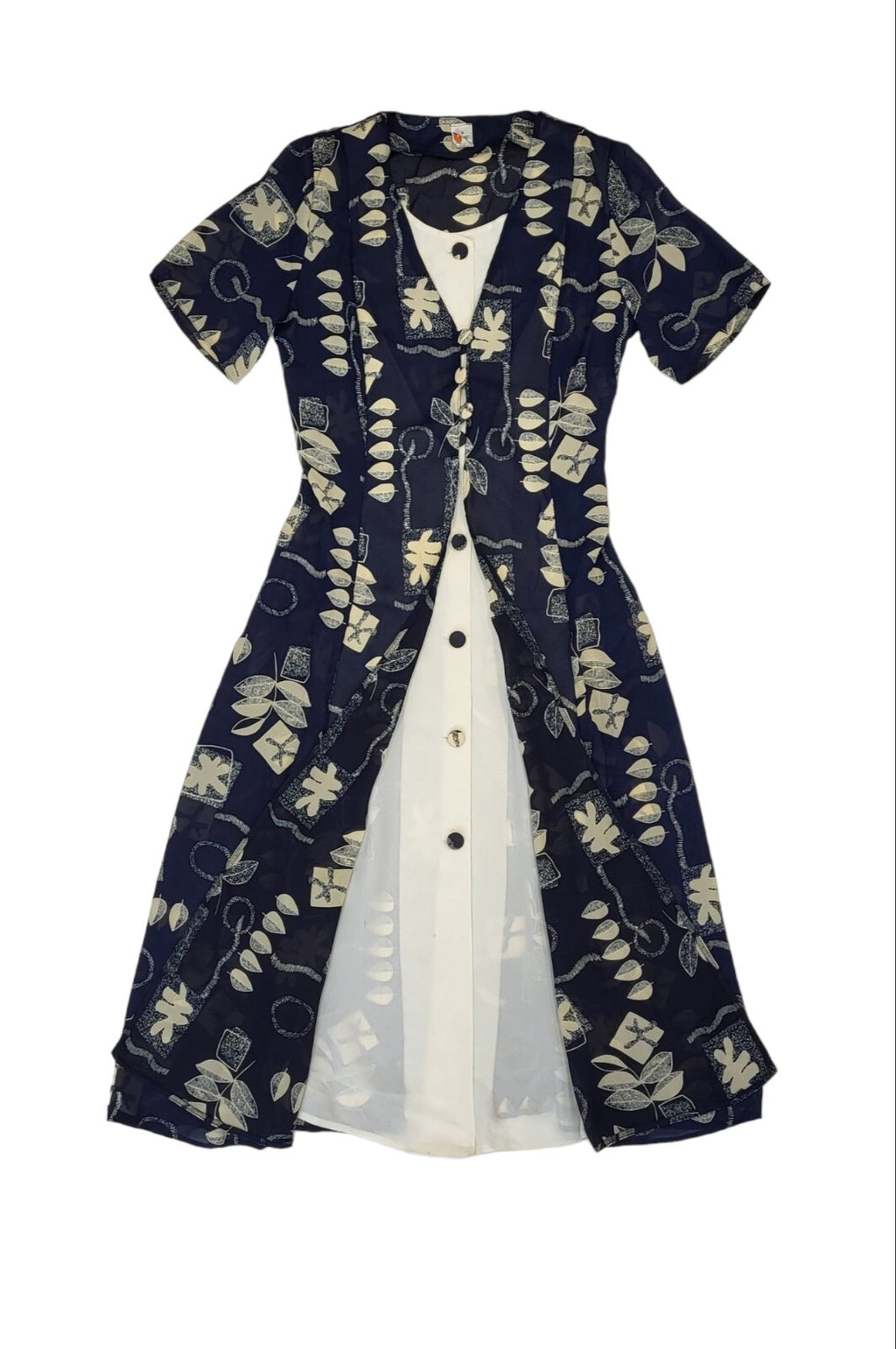 90s Vintage Blue Leaf Print Buttoned Daywear Midi Dress Women's Size S