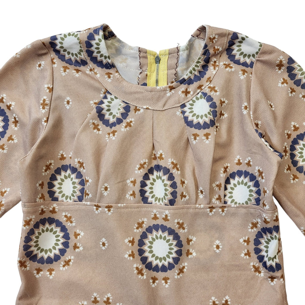 70s Vintage Beige Geometric A-Line Dress Women's Size 4-6