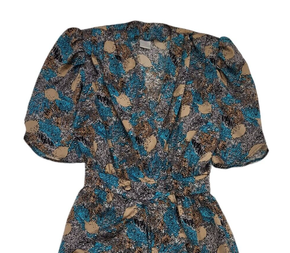 Paige 80s Vintage Abstract Tan & Teal Front Split  Wrap Dress Women's 12