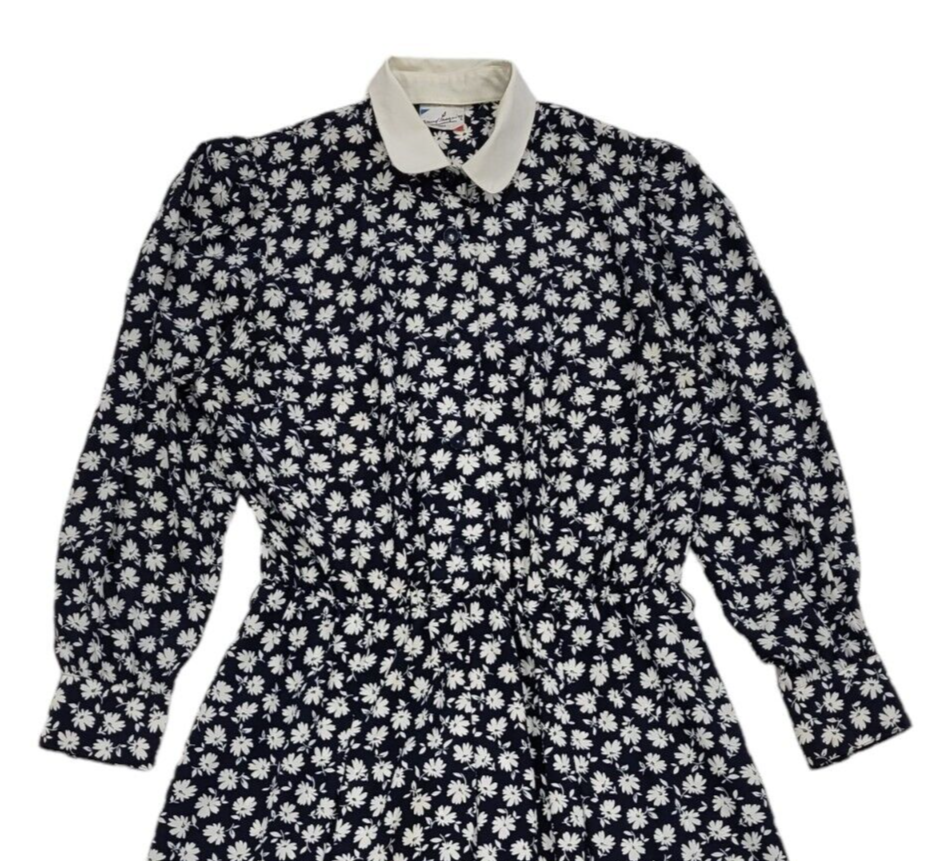 Gerard Pasquier French 80s Navy & White Floral Collared Dress Women's 14
