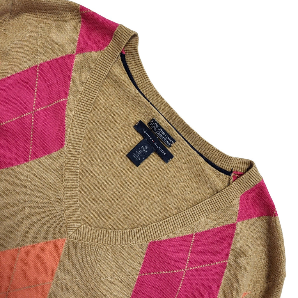 Tommy Hilfiger Y2k Brown Pink V-Neck Thin Knit Jumper Uk Women's Size XS