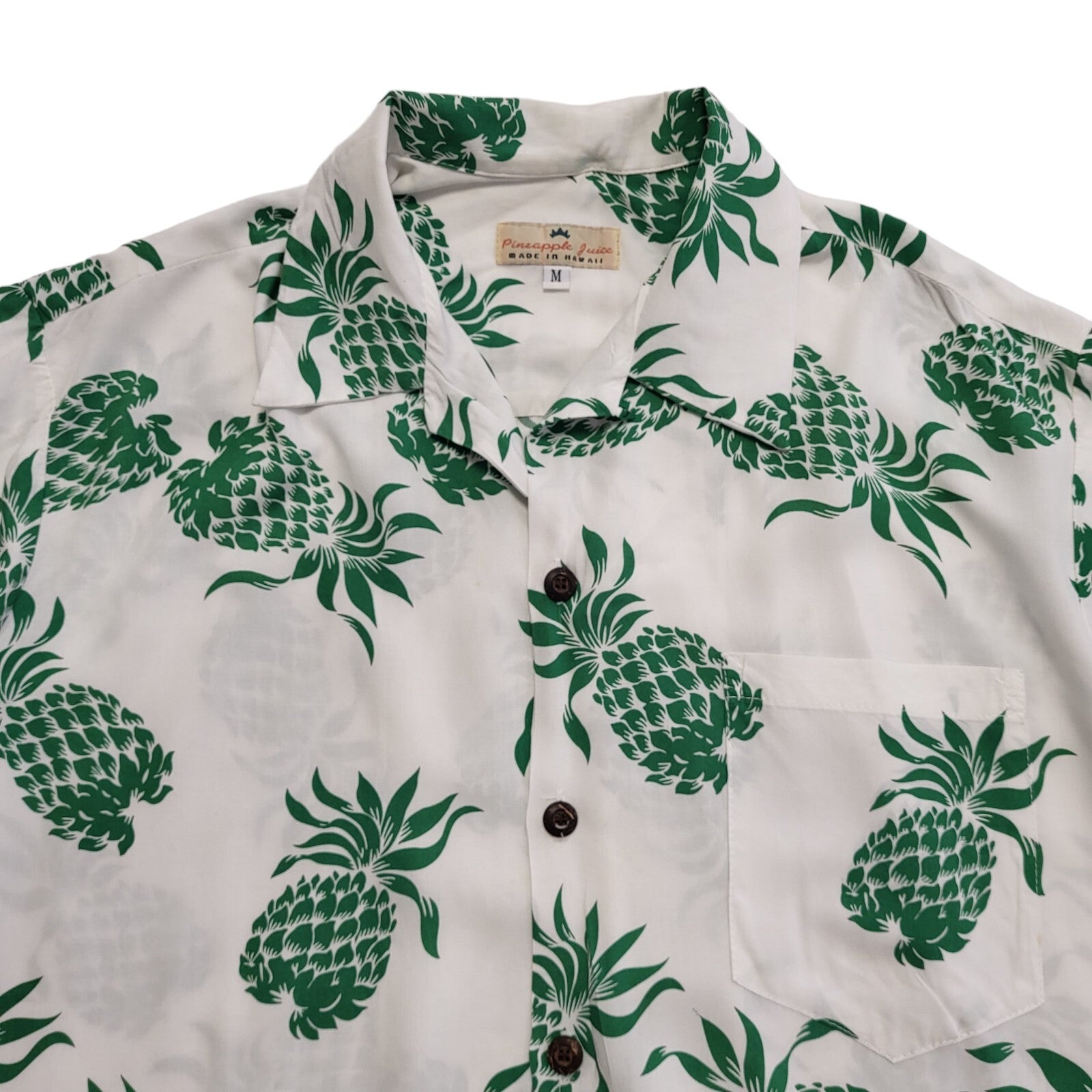 Pineapple Juice Vintage 80's  Green White Hawaiian Shirt Mens UK XL (USA M)