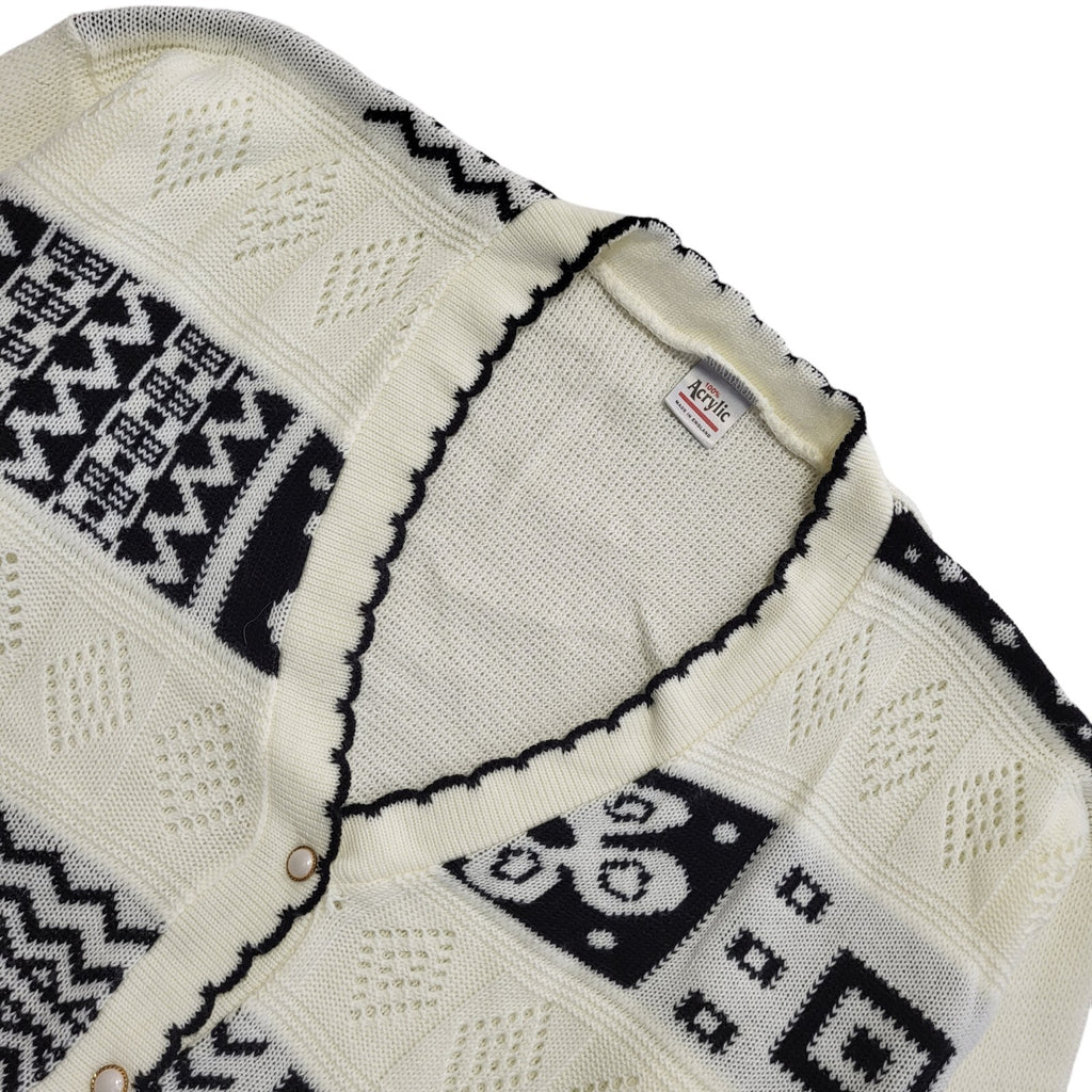 80s Vintage White & Black Button Cardigan Uk Women's Size 16