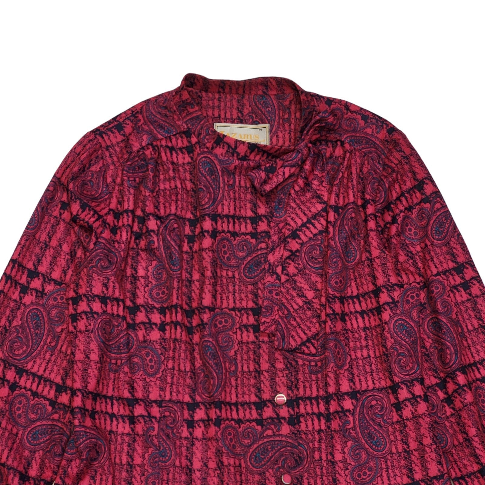 Lazarus Of London 80s Vintage Pink Paisley Bow Neck Pleated Dress Women's 16