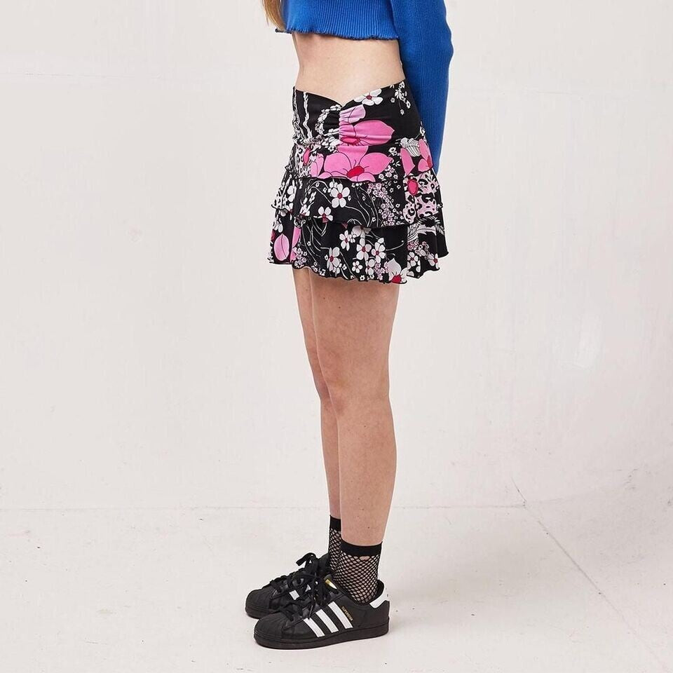 La senza Girl Vintage 90's Black & Pink Floral Mini Skirt Womens UK M W28