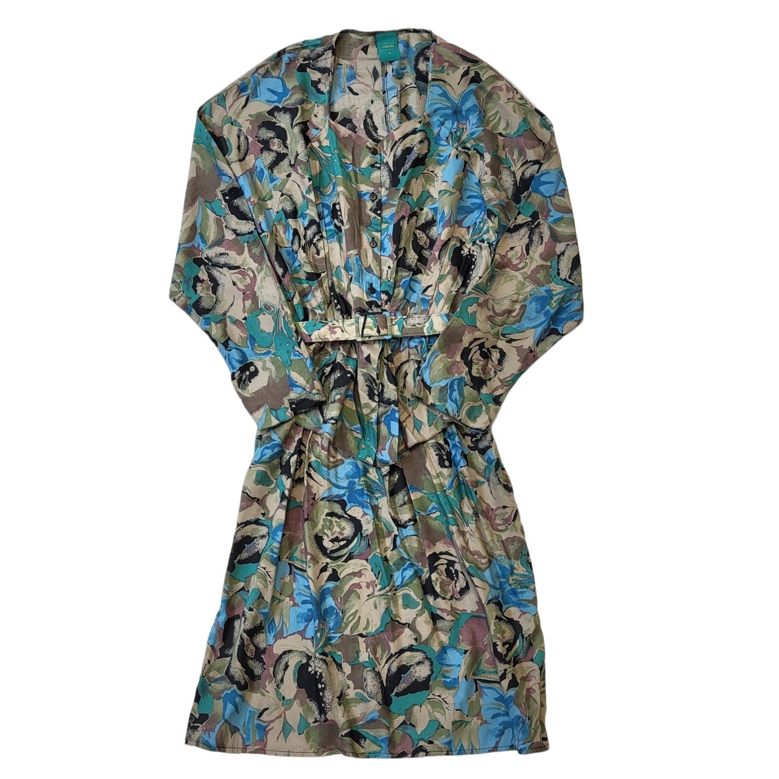 Canda C&A 80s Vintage Blue & Green Floral Daywear Dress Women's Size 18 Eu 46