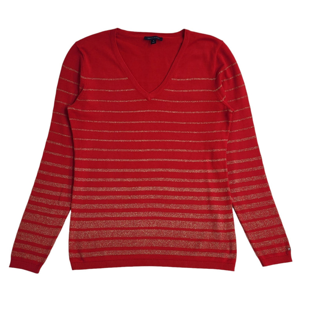 Tommy Hilfiger Y2K Red & Gold Striped V-Neck Jumper UK Women's Size M