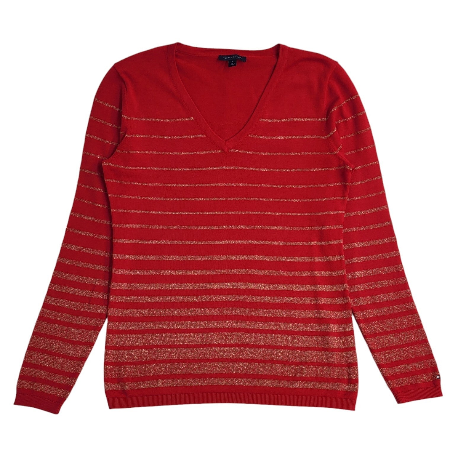 Tommy Hilfiger Y2K Red & Gold Striped V-Neck Jumper UK Women's Size M