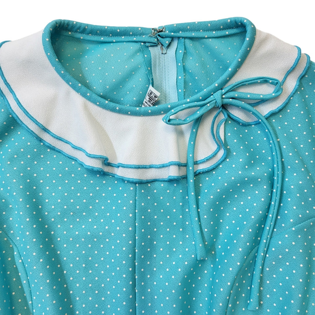 70s Vintage Blue & White Polka Dot Belted Dress Women's Size 14 Eu 42