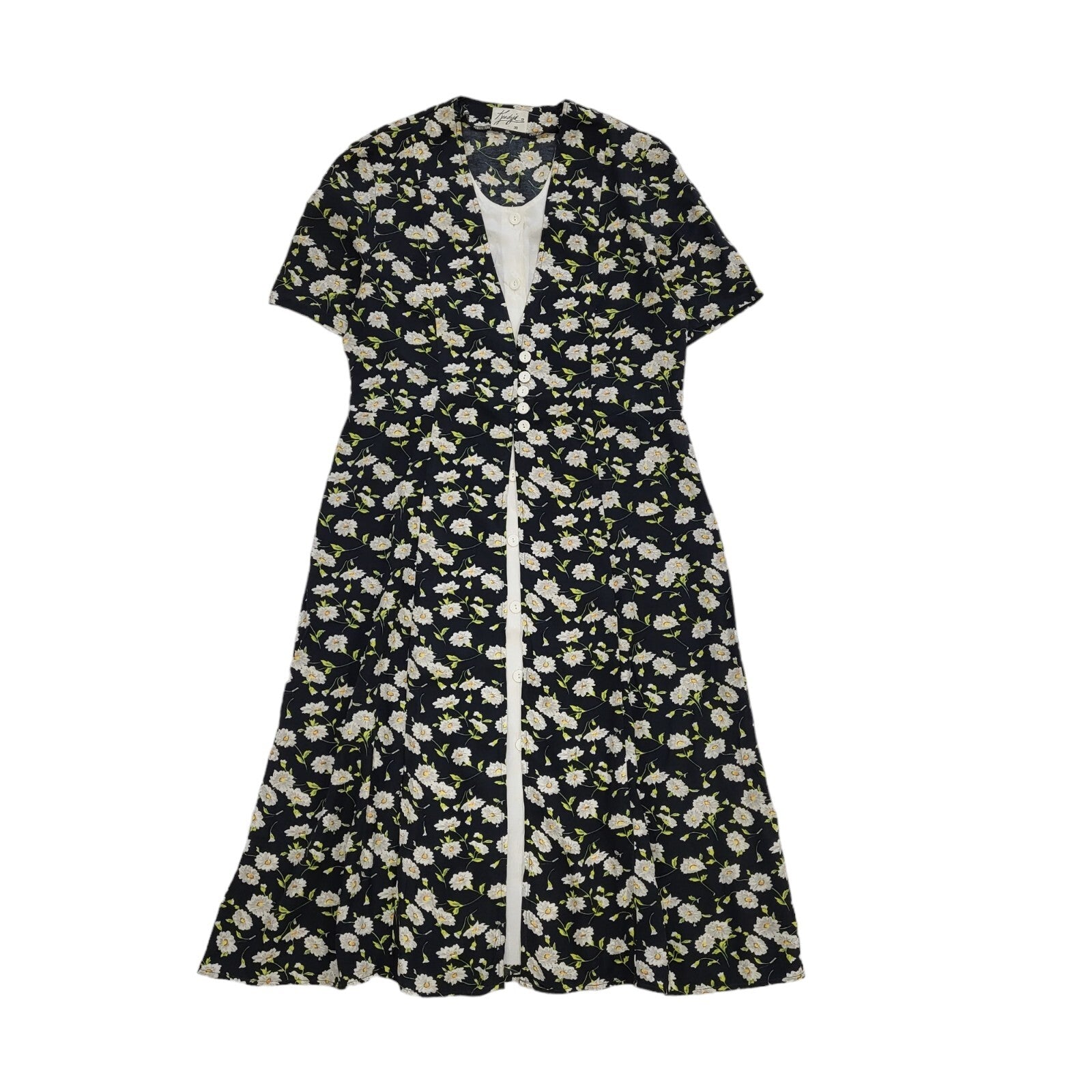 90s Vintage Kenzie Black & White Floral Button Daywear Dress Women's Size 10