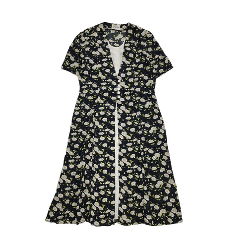 90s Vintage Kenzie Black & White Floral Button Daywear Dress Women's Size 10