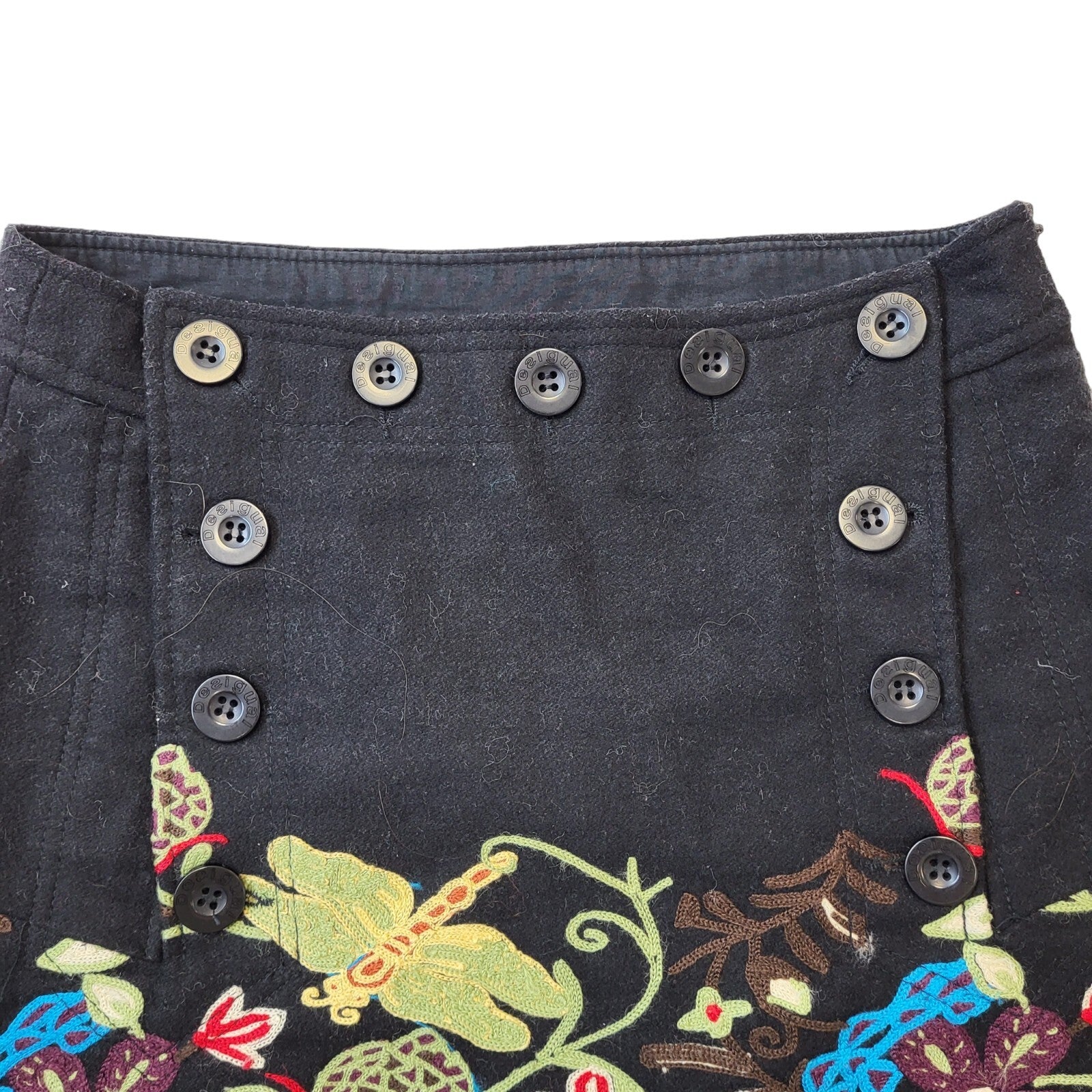 Desigual Y2K Vintage Black Floral Button Skirt Women's Size 8 EU 36 W26