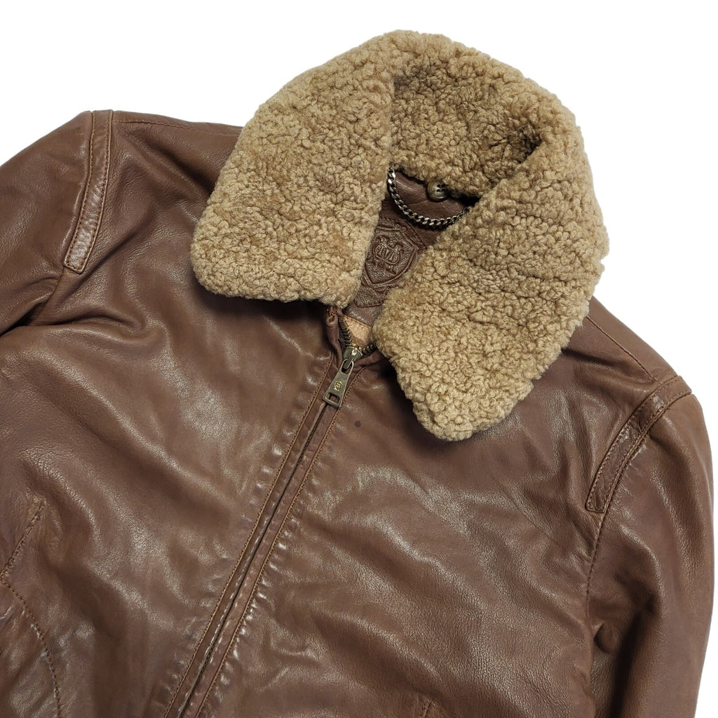 Y2K Brown Zip Up Fur Collared Leather Jacket Women's Size Small