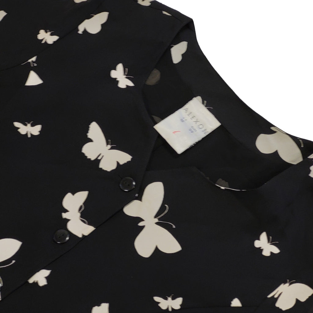 90s Vintage Alexon Black Butterflies Buttoned Daywear Dress Women's Size 12