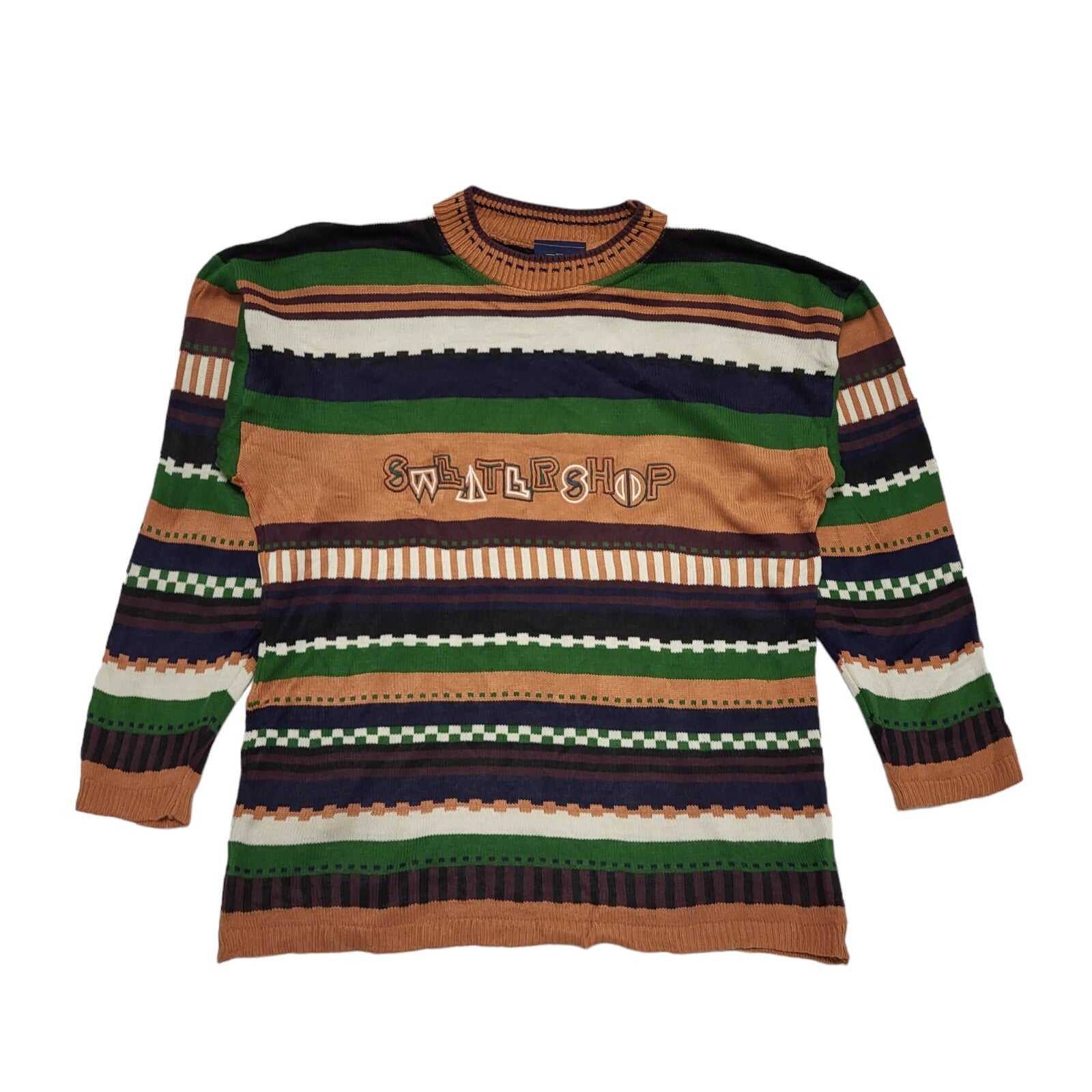 Sweater Shop 80s Coogi Vintage Green Brown Striped Jumper Uk Women's Size XL