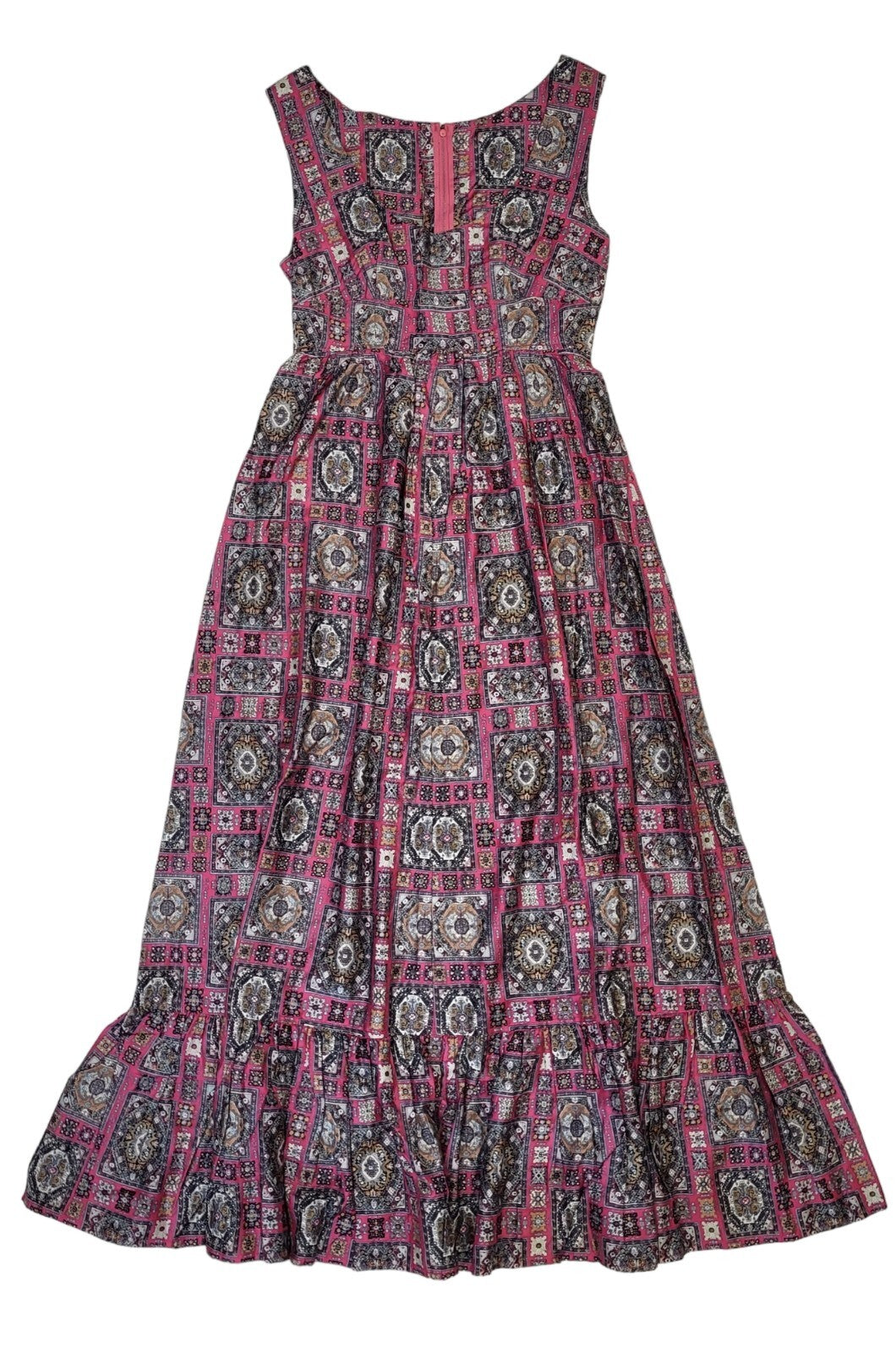 70s Vintage Pink & Grey Retro Print Pinafore Maxi Dress Women's Size 6