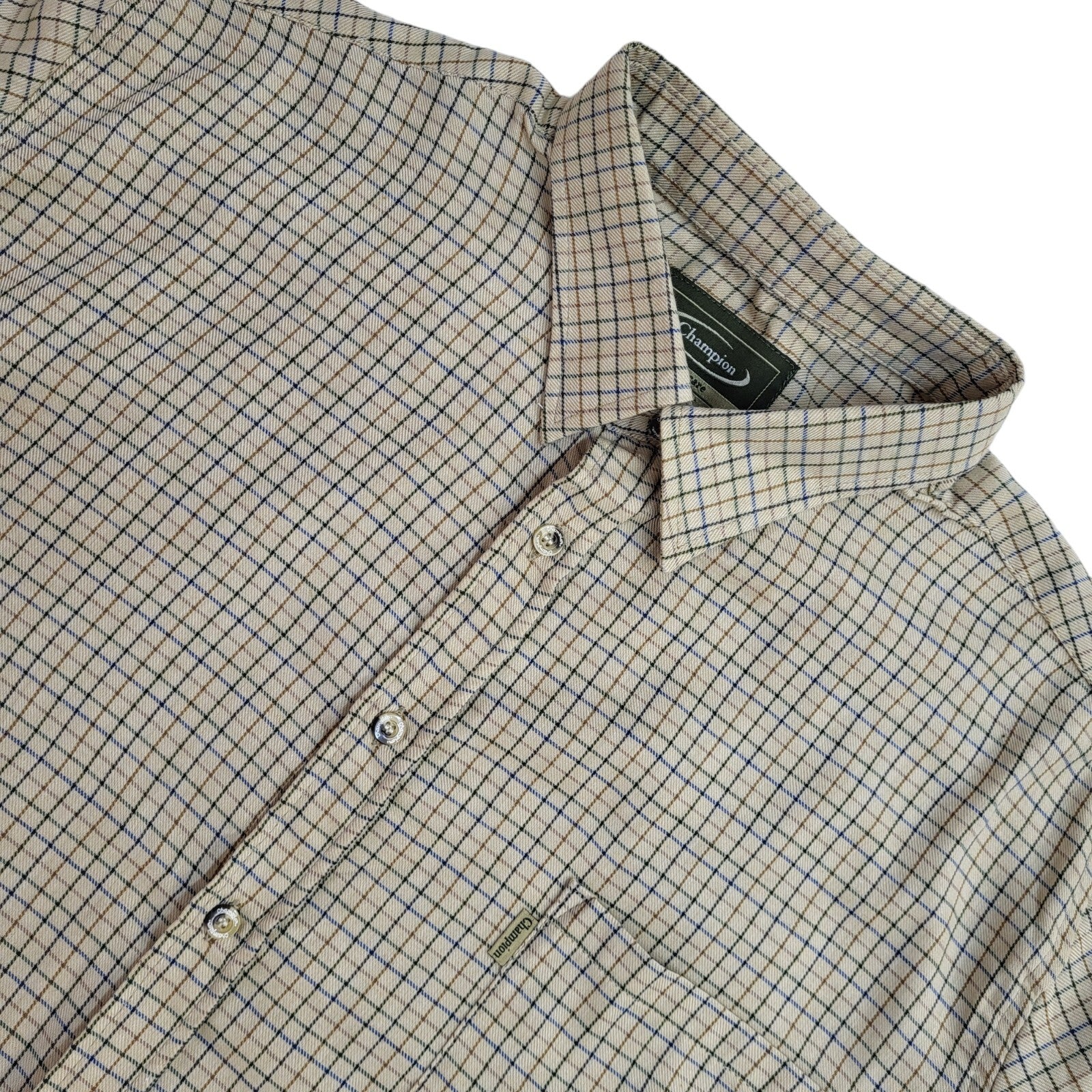 Champion Y2k Green& Blue Check Long Sleeve Shirt Uk Men's Size XL