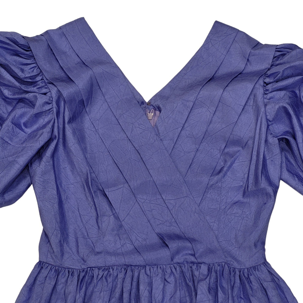 80s Vintage Purple V-Neck Puff Sleeve Party Dress Women's S 8/10