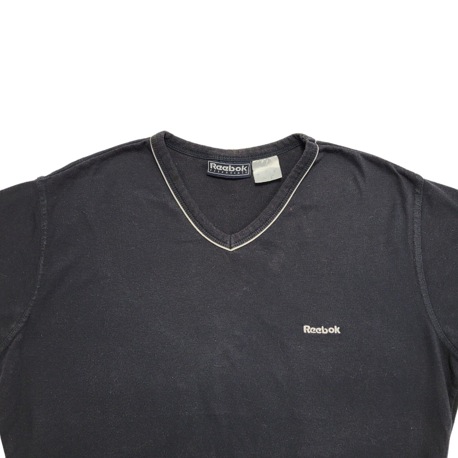 Reebok 90s Vintage Navy Blue V-Neck Cropped T-shirt Top Women's UK Size Medium