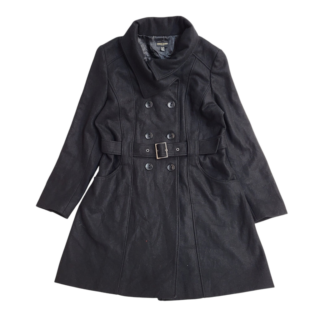 Guess Jeans Black Button Front Belted Coat 90s UK Women's Size XL