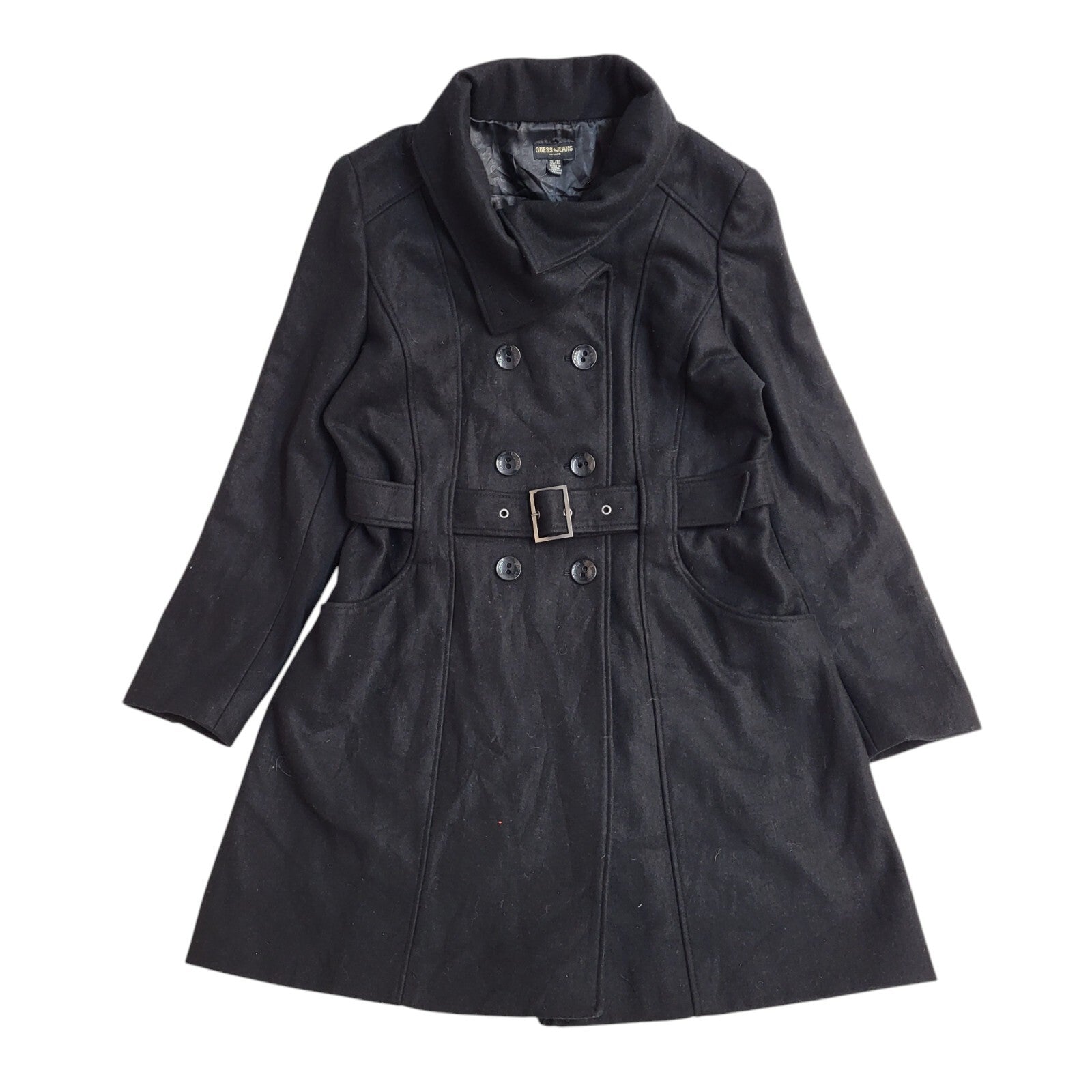 Guess Jeans Black Button Front Belted Coat 90s UK Women's Size XL