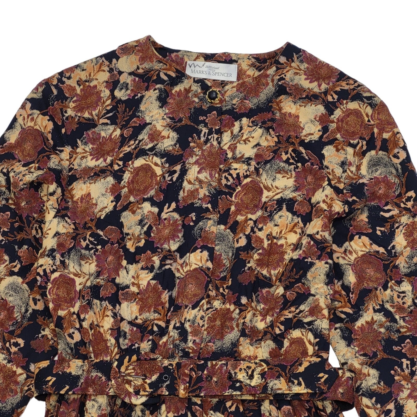 Marks & Spencer 90s Vintage Brown Floral Belted Daywear Dress Women's 14