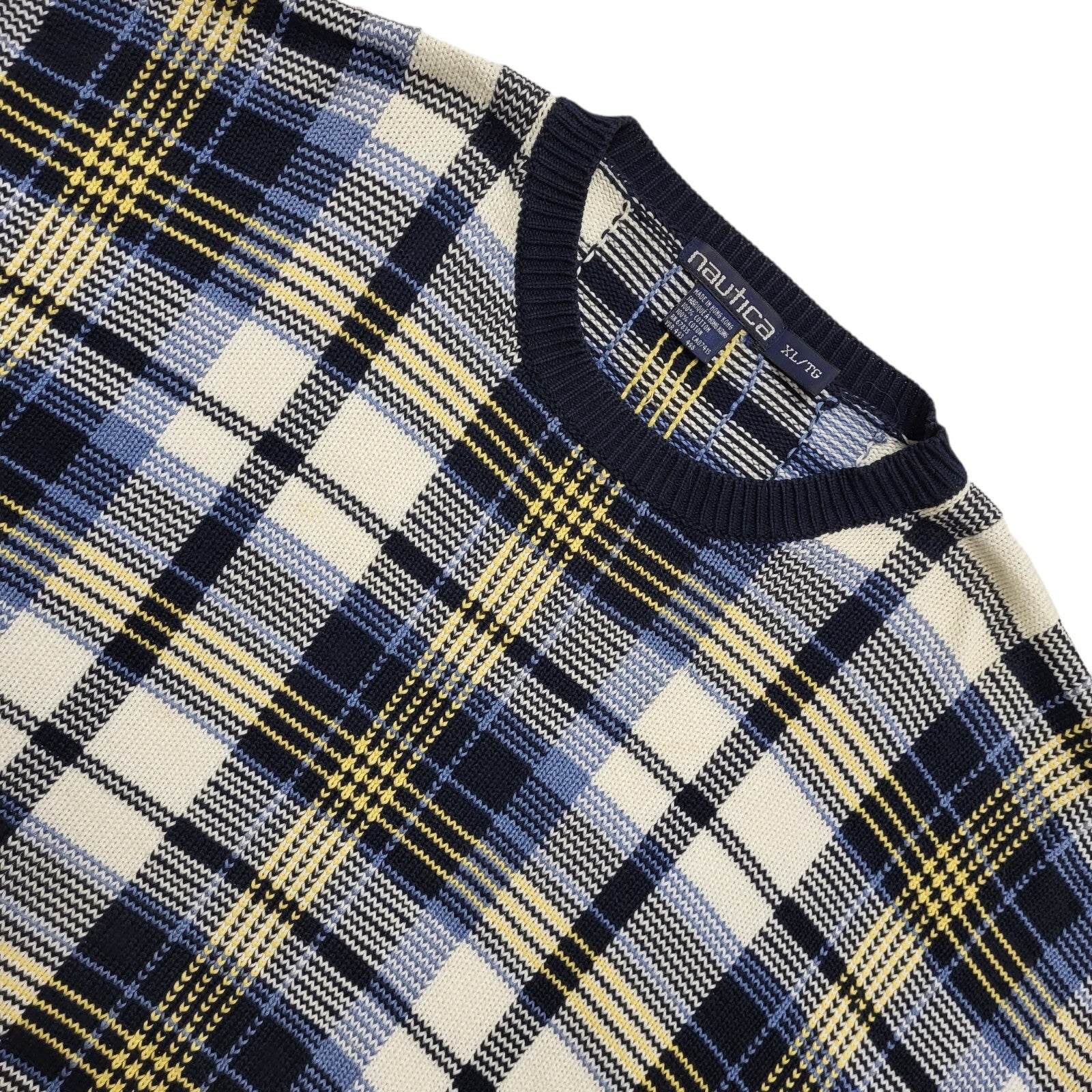 Nautica Vintage 90s Blue & White Check Crew Neck Jumper Uk Men's Size XL