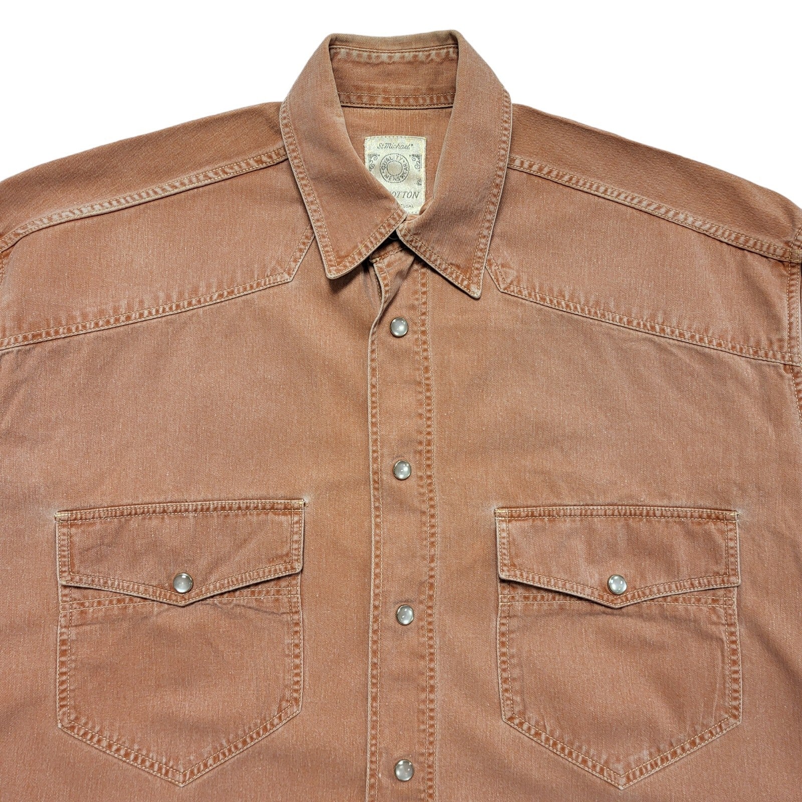 St Michael 80's Salmon Denim Pearl Snap Long Sleeve Shirt Mens UK Size S