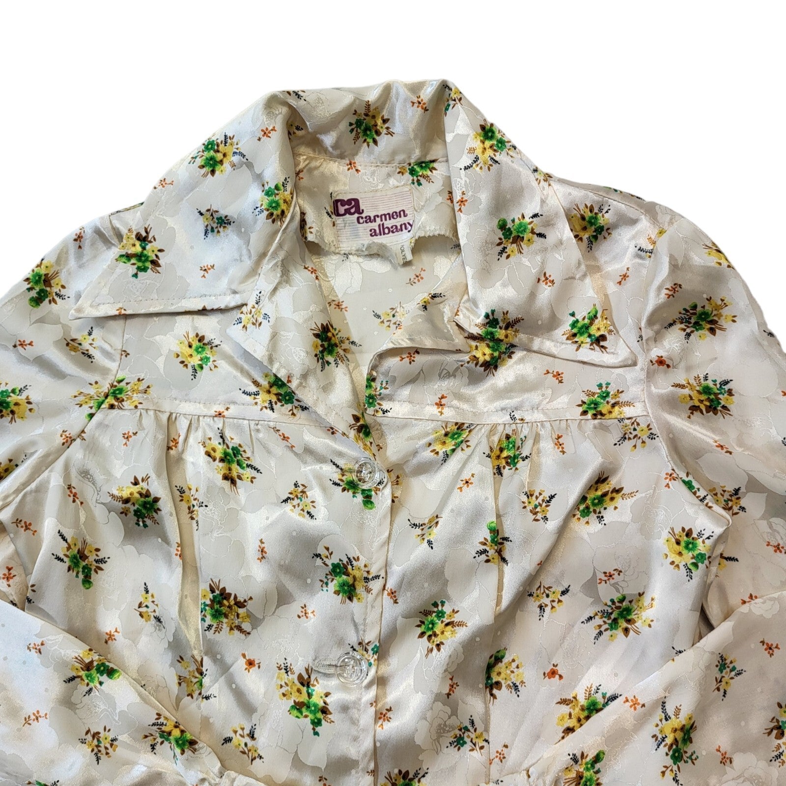 Carmen Albany 70s Vintage Cream & Green Floral Blouse Women's Size 12