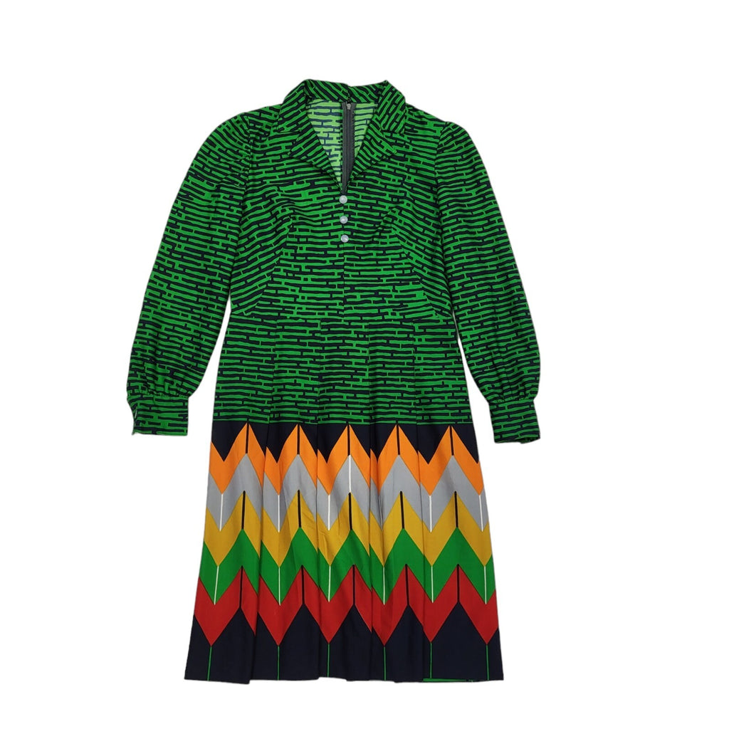 70s Vintage Green Abstract Collared Daywear Dress Women's 12
