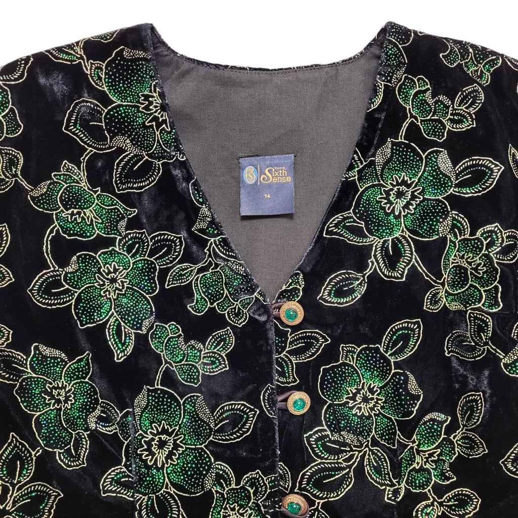 Sixth Sense Vintage 90's Black Green Floral Button Front Jacket Womens UK 14